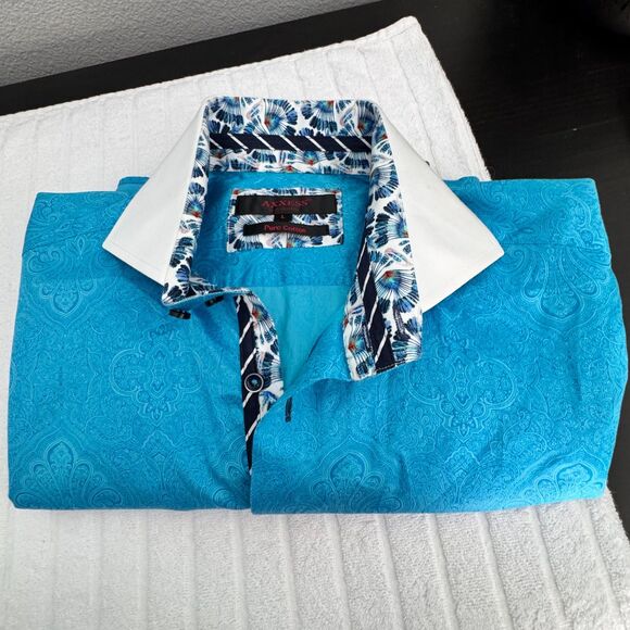 AXXESS Men’s Shirt Large Turquoise Paisley Long Sleeve Button-Up Contrast Collar - Picture 3 of 12